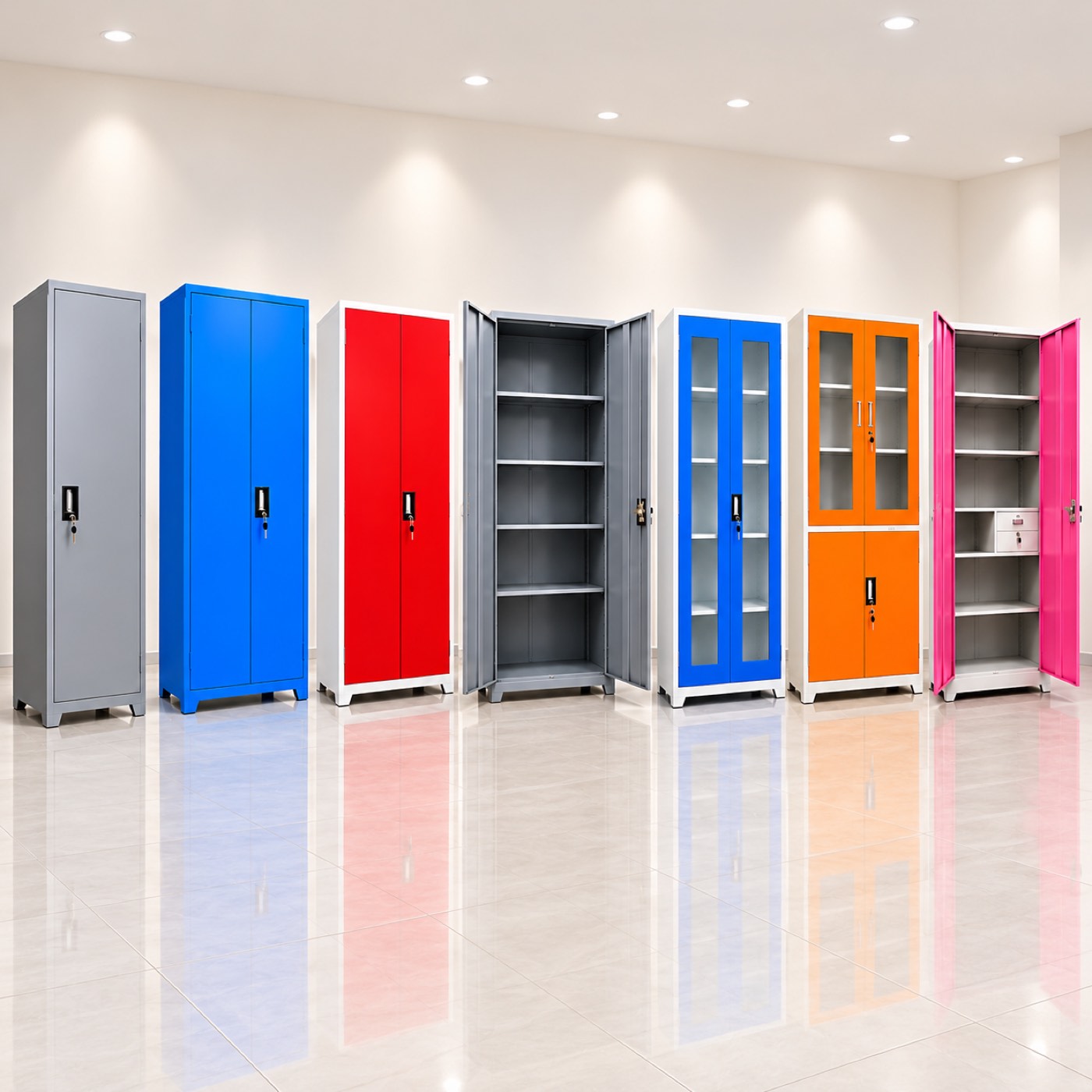 Steel cupboards in grey, blue, red, orange and pink