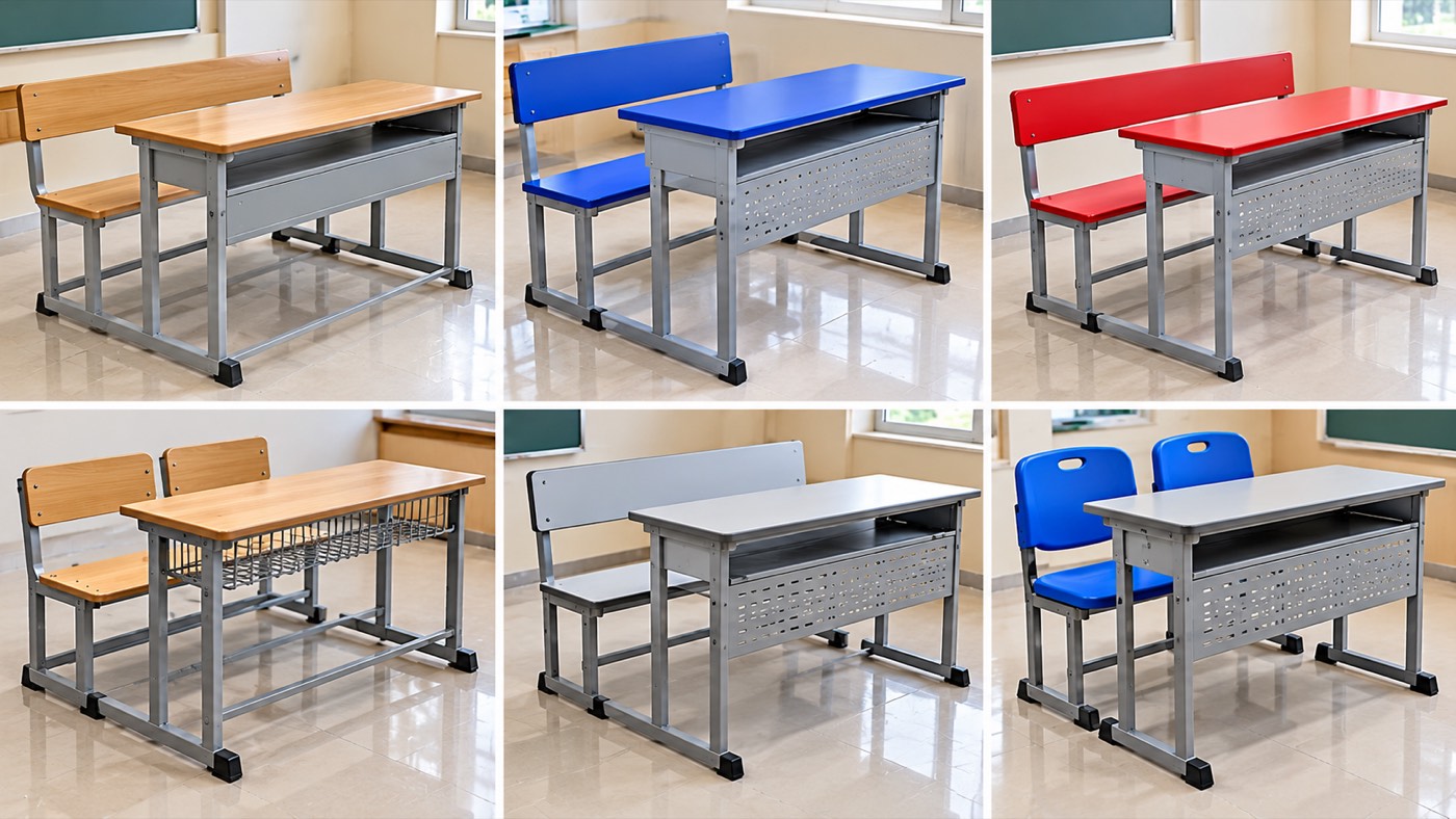 School desks and benches in wood, blue, red and grey