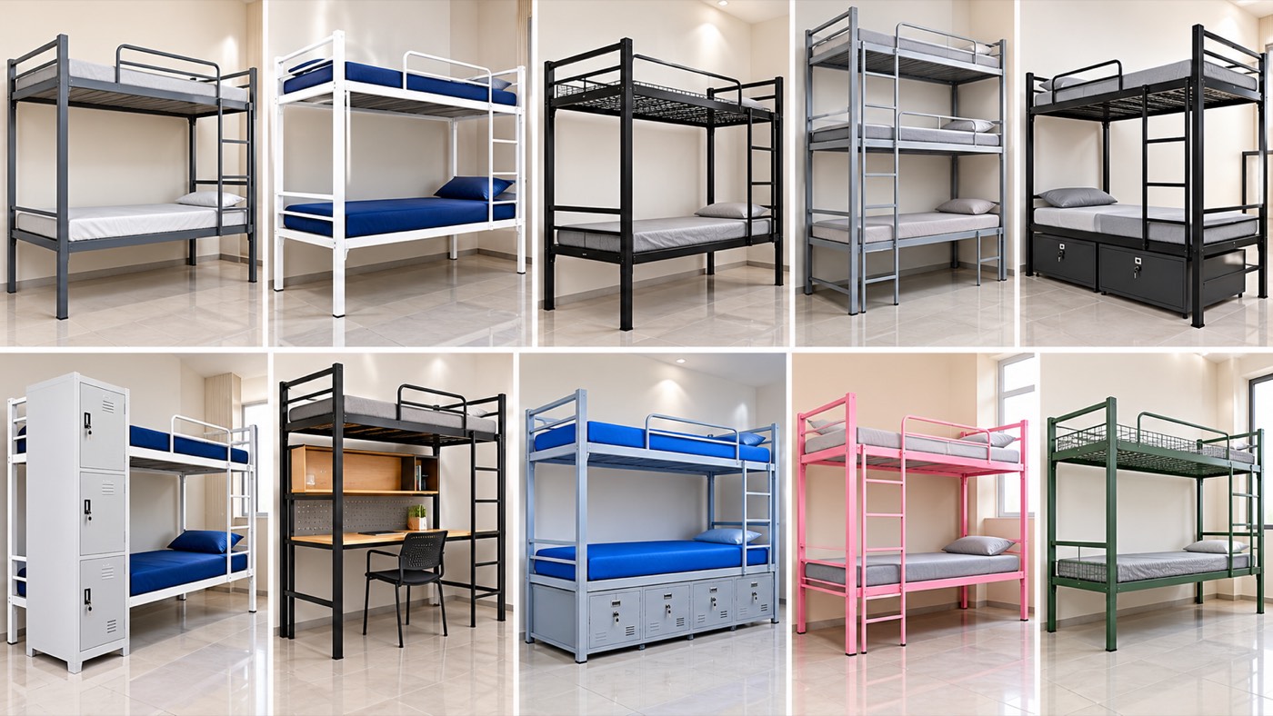 Hostel bunk beds with lockers, study desks and storage
